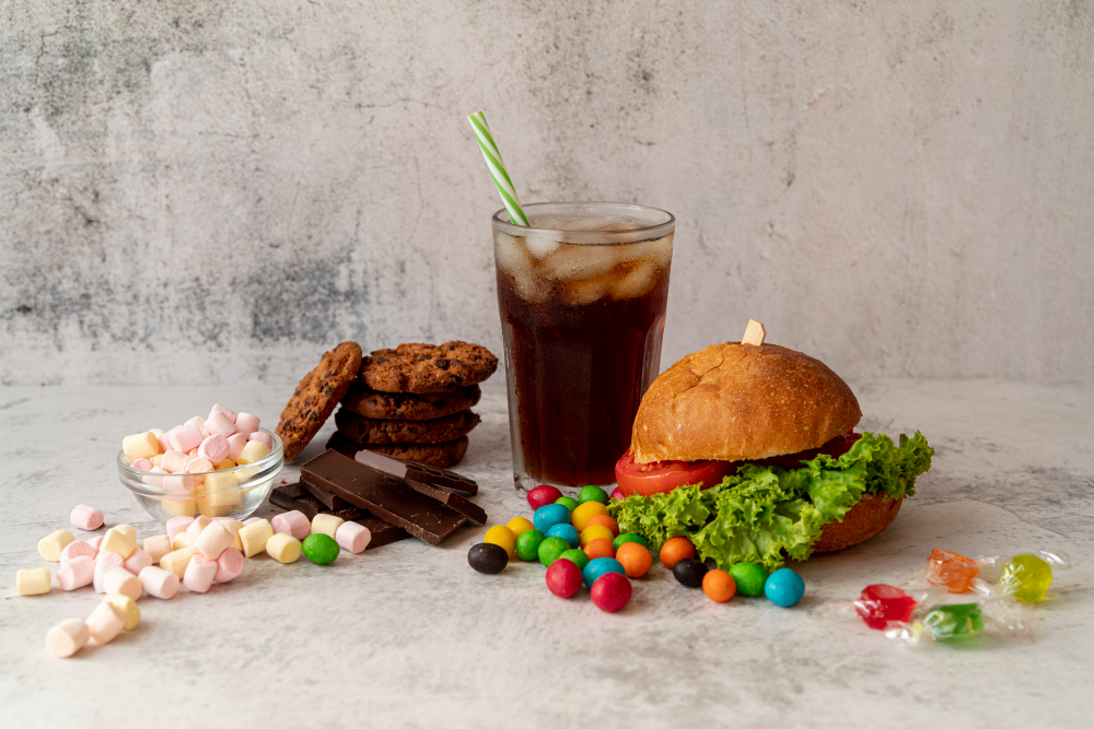 żywność przetworzona, cola, napoje gazowane, słodycze, burgery, cukierki, ciastka, czeklada