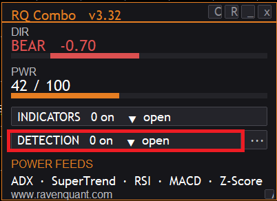 RQ Combo Dashboard collapsed with the DETECTION section highlighted