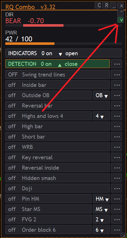 Expanded detection list in the RQ Combo Dashboard with the scroll control highlighted