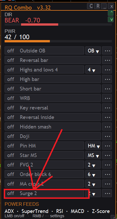 Surge row highlighted at the bottom of the RQ Combo detection list