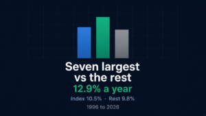 Seven largest S&P 500 companies against the rest of the index and the whole index, 1996 to 2026